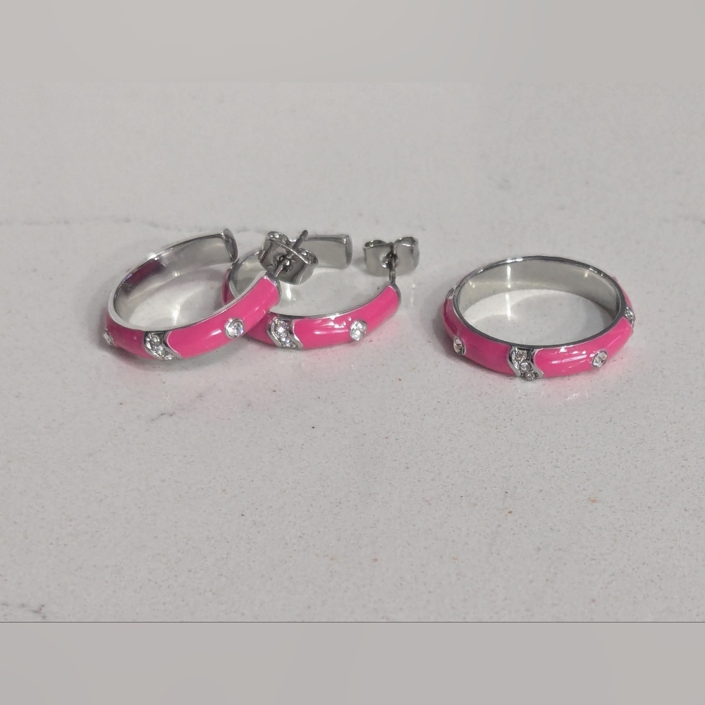 SET, Earrings And Ring, Pink Enamel  With CZ, Hoop Earrings, Ring, Size 7 NWOT